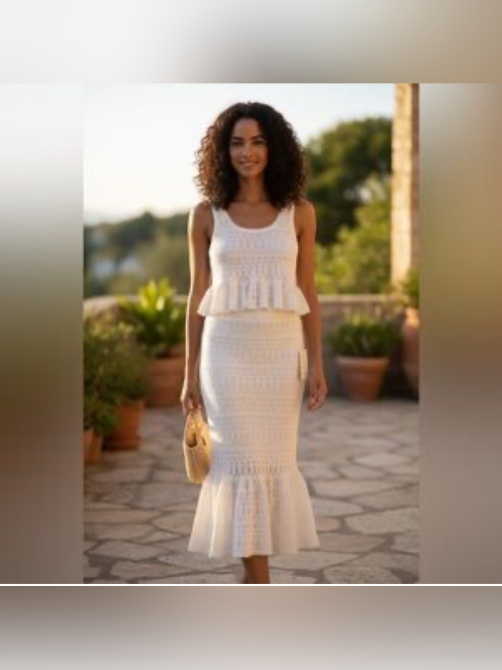 Joie NEW Ivory Pointelle Crochet Knit 2-Piece Set - Peplum Top & Maxi Skirt.